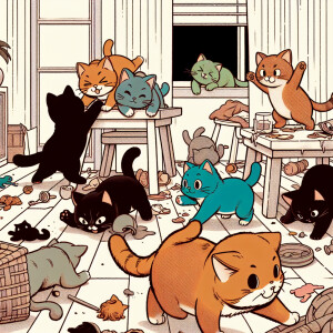 Five mischievous cats of different colors are playing together,...