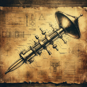 Aged parchment blueprint for a realistic alien probe, metal stic...