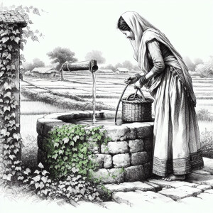 Create a detailed sketch of a woman drawing water from a well