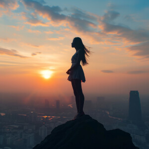 Fair-skinned woman with dark long hair, elegant and composed, st...