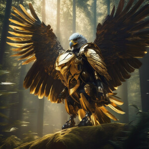 Futuristic robot riding a eagle through a dense forest  wearing...