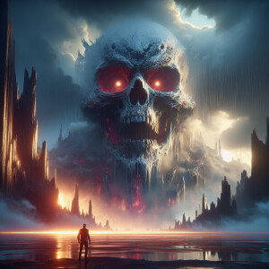 Hyperdetailed front-facing close-up portrait, rough colossal dem...