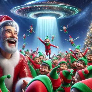 Jolly North Pole scene.photorealistic . Young Grey haired man is...