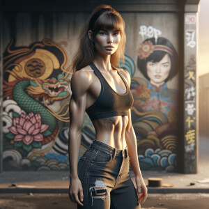 Athletic Thin skinny Attractive, Asian teenage girl, long brown hair and bangs, wearing tight skinny jeans and a halter top paint marks on her clothing, heroic pose Asian graffiti background, side view