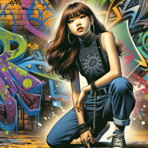 teenage girl, long brown hair and bangs, wearing tight skinny jeans and a halter top paint marks on her clothing, heroic pose Asian graffiti background, nearing on one knee