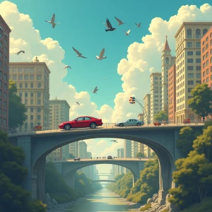 "Envision a surreal cityscape where cars drive along the sky, bi...