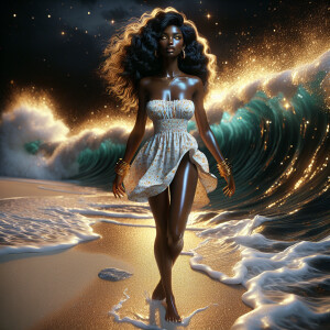 3D image of a beautiful night at the beach. There are elements i...