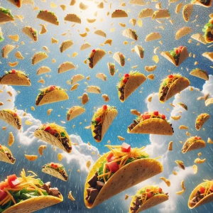 Tacos tumbling and raining down from the sky.