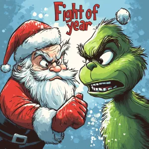 Generate a picture with Santa Claus on the left and the Grinch o...