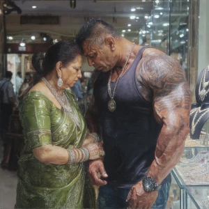 Hyperrealistic oil painting.a muscular beefy tattoed gujarati sw...
