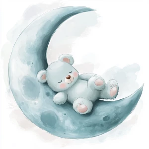 A cute, cartoon teddybear lies on a stylized, soft blue grey crescent moon. The moon shows the crater holes and relief in the surface. The teddy bear is light gray with large, round, pink-spotted ears.  Its body is round and he has expressive eyes.  its facial expression is happy and friendly. The teddy bears leg and foot are visible, and its posture is relaxed, lying down in the curve of the moon. it's stomach is lying down on the moon with left arm and leg showing hanging down. The moon is a soft, shaded blue, with watercolor-like texture and subtle shading. The background is white. The image is in a child-friendly style, showcasing delicate line work and color palettes. The composition is centered on the teddy bear which is positioned lying slumped face down on  the moon, giving the moon a hug with closed eyes. The overall style is sweet, whimsical, and reminiscent of children's book illustrations.  The colors are pastel and soothing, creating a gentle atmosphere.