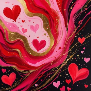 "Imagine an explosion of vibrant, swirling colors merging in an abstract dance of red, pink, and gold. Heart shapes subtly emerge and dissolve within the strokes, while intricate patterns symbolize love and connection. Flecks of light sparkle throughout, embodying the warmth and passion of Valentine's Day."