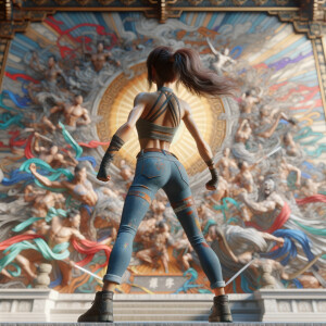 Athletic Thin skinny Attractive, Asian teenage girl, long brown hair and bangs, wearing tight skinny jeans and a halter top paint marks on her clothing, heroic pose Asian graffiti background, backside view