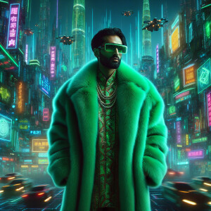 Guy wearing big green mink jacket cyberpunk futuristic backgroun...