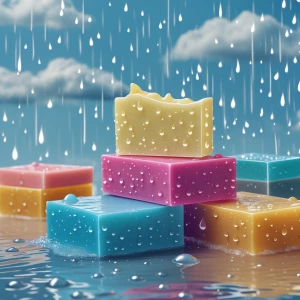 Colourfull soaps full with rain drops and bea sky