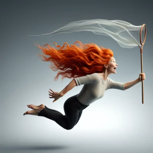 Ginger haired woman head turned to face camera flying through th...