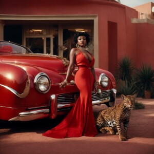 "Create an image of animated Betty Boop with brown skin, adorned...