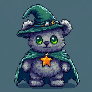Create a pixel art character of a cute, grey teddy bear with lar...