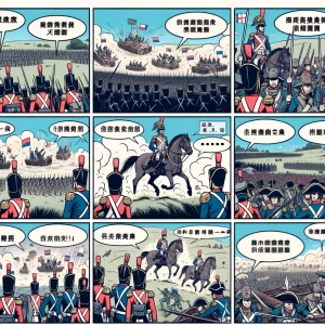 帮我生成英法联军之役的六格漫画，简单的版本，要中文对话，要图片