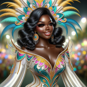 Create a 3-D  vivid full-body view of a colorful glossy hyper-realistic oil painting of a detailed illustration full length photo single image of a beautiful African-American caramel skinned woman plus sized, with long, black, wavy hair, her make up is airbrushed and flawless, she is dressed in a white, teal and yellow large, elaborate, elegant, very detailed carnival costume with colorful African-American pink, blue, gold yellow green feathers, flawless makeup, prominent lashes, black peep toe heels, white pixie hair, background bokeh, she is stunning and smiling, digital art.