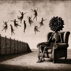 A skeleton with a large black dahlia for a head is sitting on an...