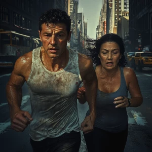 Create a hyperrealistic image of a well-built, sweaty man joggin...