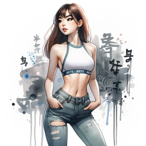 Athletic Thin skinny Attractive, Asian teenage girl, long brown hair and bangs, wearing tight skinny jeans and a halter top paint marks on her clothing, heroic pose Asian graffiti background, side view