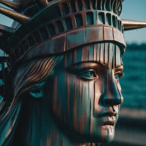 Capture a wide shot of the Statue of Liberty with a single tear...