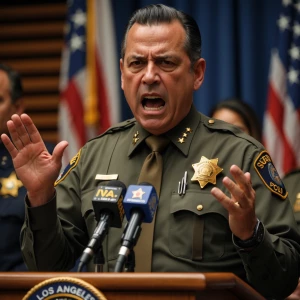 An irate Los Angeles County Sheriff at a press conference, gesti...