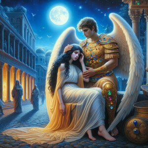 Create an oil painting image featuring a male angel and a grievi...