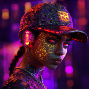 A futuristic alien female Hispanic rapper with a neon-lit backwa...