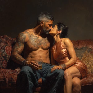 Realism,  painting.a muscular beefy sweaty tattoed indian man si...