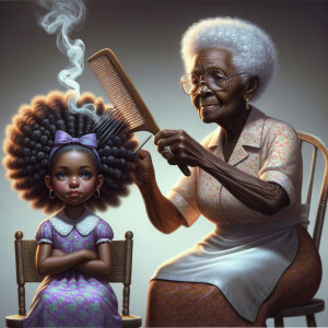 Create a realistic 3-D image of an african-American grandmother in the kitchen with her african-American granddaughter. The grandmother has a hot comb in her hair and she is straightening her granddaughters hair. One side of her granddaughters hair is in  a Afro the other is bone straight 
There is smoke coming from the hot comb