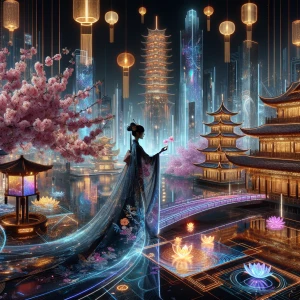 A serene woman in a flowing hanfu-inspired dress, enhanced by subtle light trails and digital patterns, gazing at a holographic koi pond