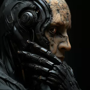 A close-up photo of a cyborg's face, rendered in a surrealistic...