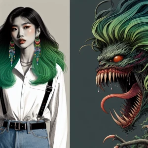 Full body shot of scary female xenomorph with huge brests, long...