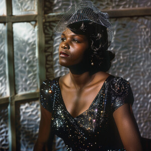 A black transgender woman in 1950s evening glittery dress