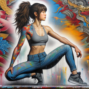 Very thin Athletic Thin skinny Attractive, Asian teenage girl, long brown hair and bangs, wearing tight skinny jeans and a halter top paint marks on her clothing, sitting side view heroic pose Asian graffiti