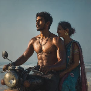 realism painting photo.a muscular sweaty indian man on motorbik...