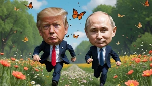 Trump and Putin in children roles with real faces, running throu...
