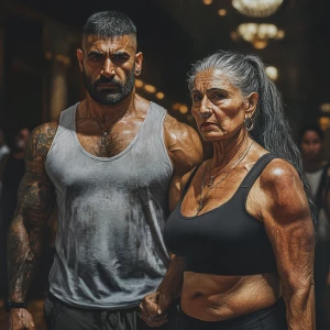 Hyperrealism art.A sweaty beefy muscular son in law criminal wal...