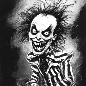 Create an illustration of Beetlejuice, the mischievous and flamb...