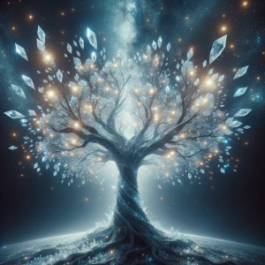 In the ethereal light of a celestial dream, an otherworldly tree...