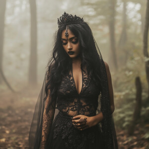 “A dark, 25 year old ethereal Indian woman stands confidently in...