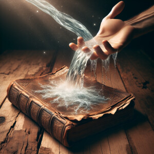 Create an image of a bible where water is flowing from it. Add a...