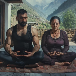 Photorealism,realism,A man muscular beefy sweaty doinga yoga sit...