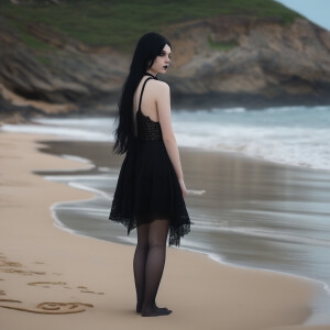 Middle school goth girl at a nude beach showing her pale body an...