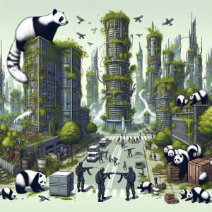 Apocalyptic cityscape with overgrown vegetation on the buildings...