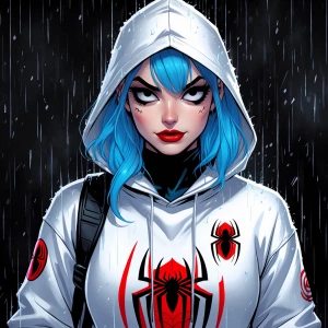 Spider-Gwen wearing a white hooded sweatshirt with a Spider-Man...