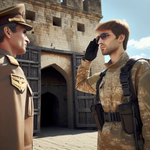 An army male soldier saluting his male colonel at the fort